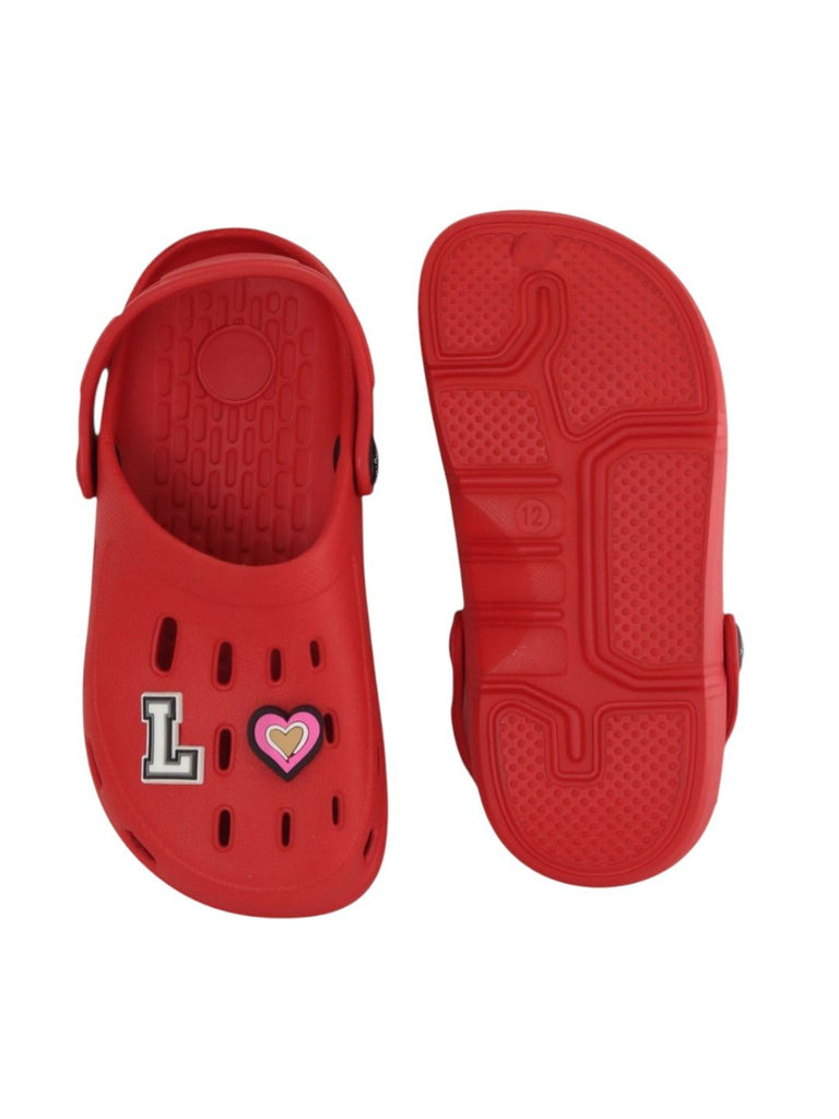 Lovely Red Clogs with “LOVE” Letter & Heart Charms for Girls-Front & Back  View