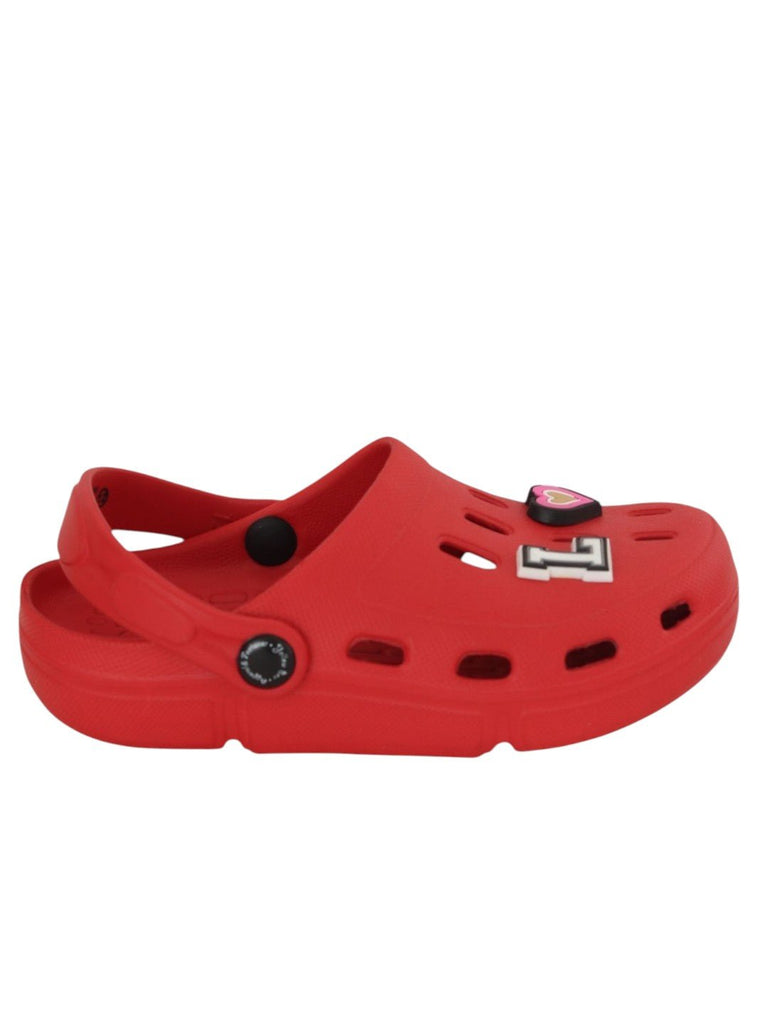 Lovely Red Clogs with “LOVE” Letter & Heart Charms for Girls-Side View