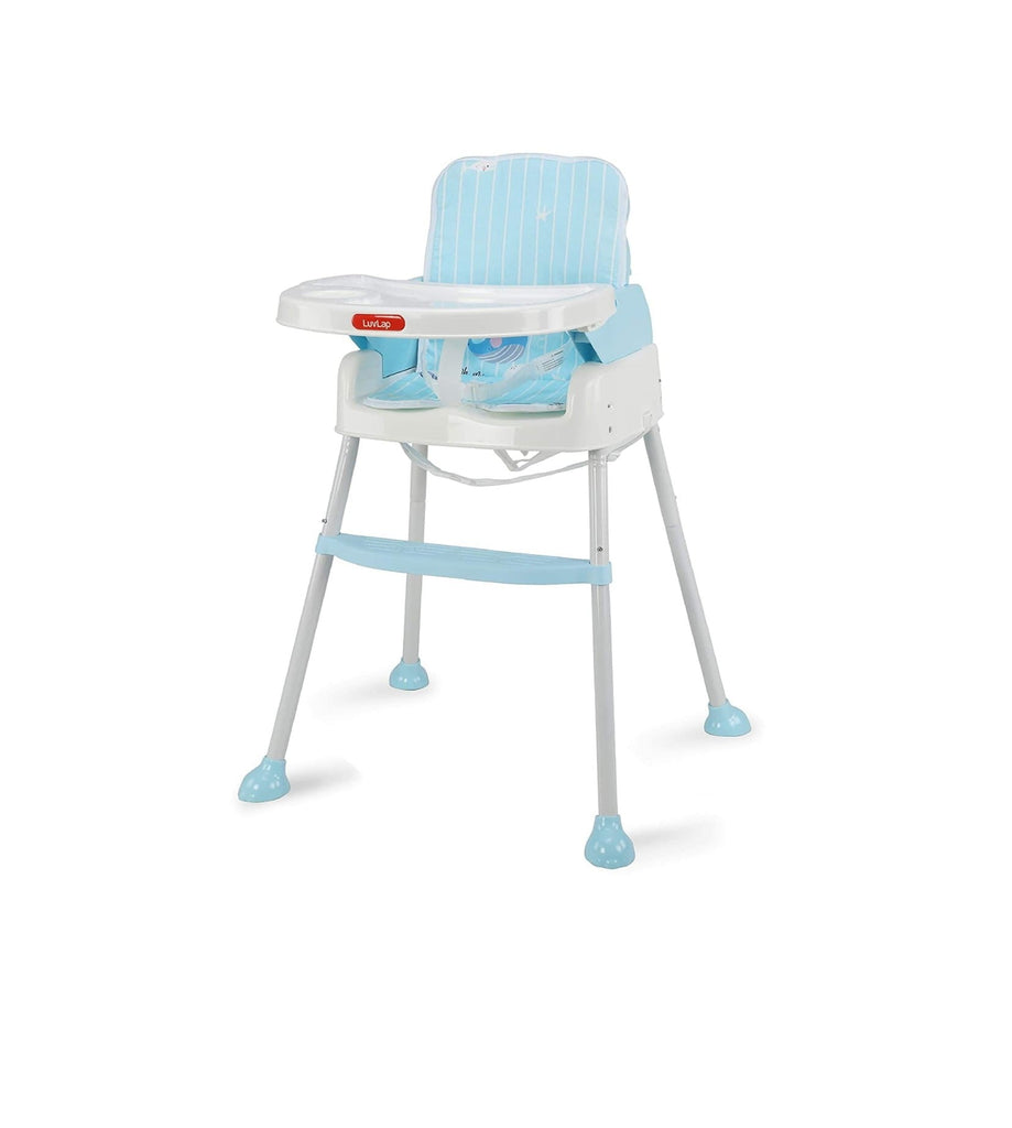 Transforming LuvLap 4-in-1 Blue Baby High Chair from high to low seating, demonstrating versatility.