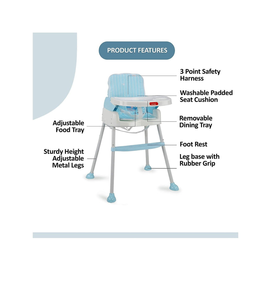 Baby comfortably seated in LuvLap 4-in-1 Blue High Chair with safety features and removable tray.