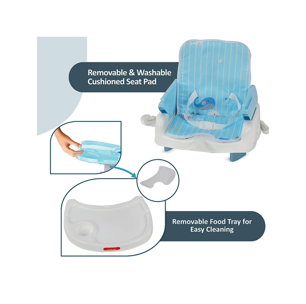 Close-up of LuvLap 4-in-1 Blue Baby High Chair showcasing the washable seat pad and sturdy design.