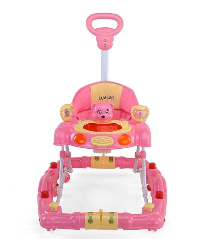 Front view of the vibrant LuvLap Comfy Baby Walker in Pink with interactive toy tray.
