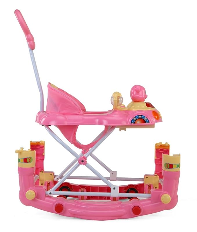 Side view of LuvLap's Comfy Pink Baby Walker highlighting its sturdy design and push bar.