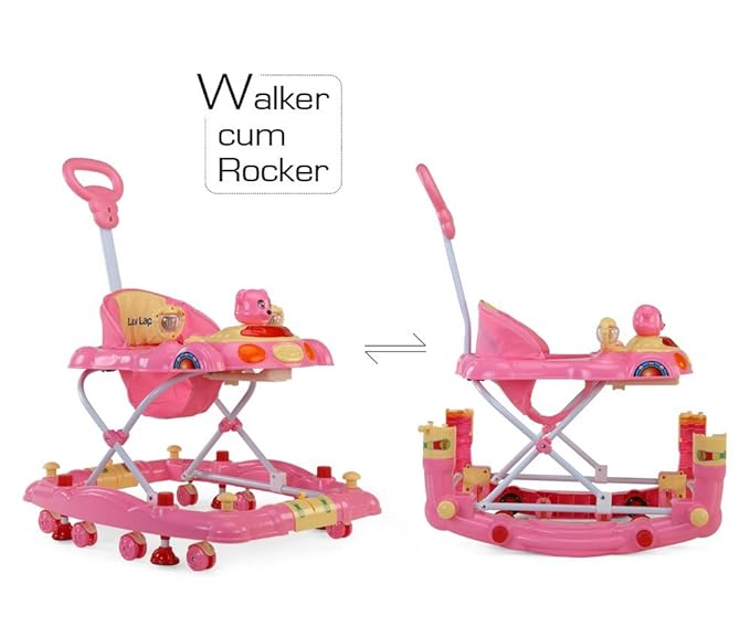 LuvLap Comfy Baby Walker in Pink transforms from a walker to a rocker for versatile fun.