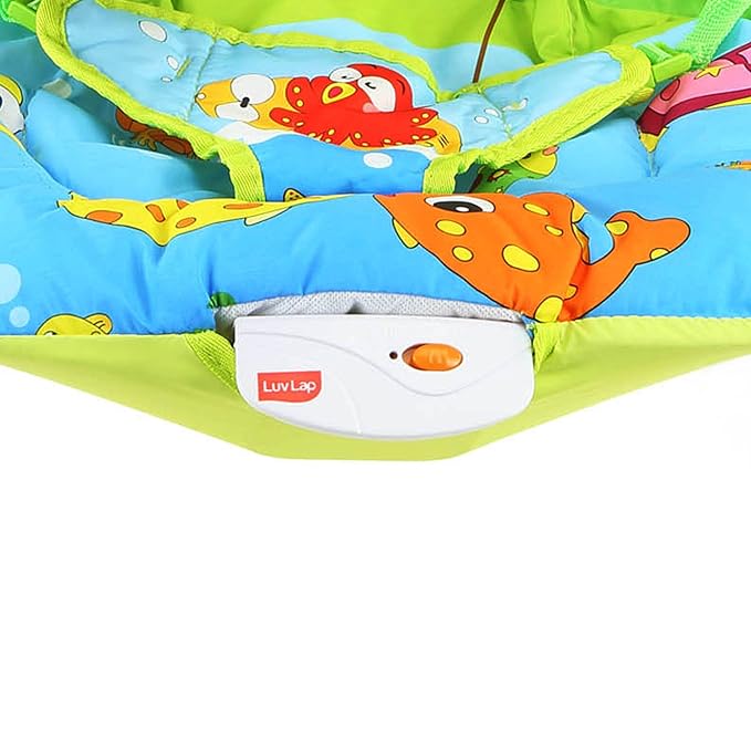 Close Up view of LuvLap's Go Fishing Baby Bouncer's vibrant seat with soothing vibration unit.