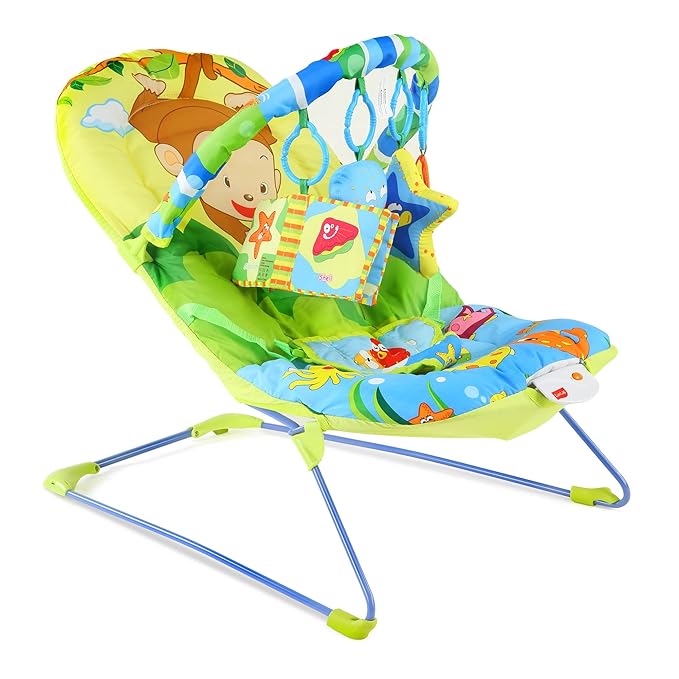 Side view of the LuvLap Go Fishing Baby Bouncer showcasing its ergonomic design and cheerful color scheme.
