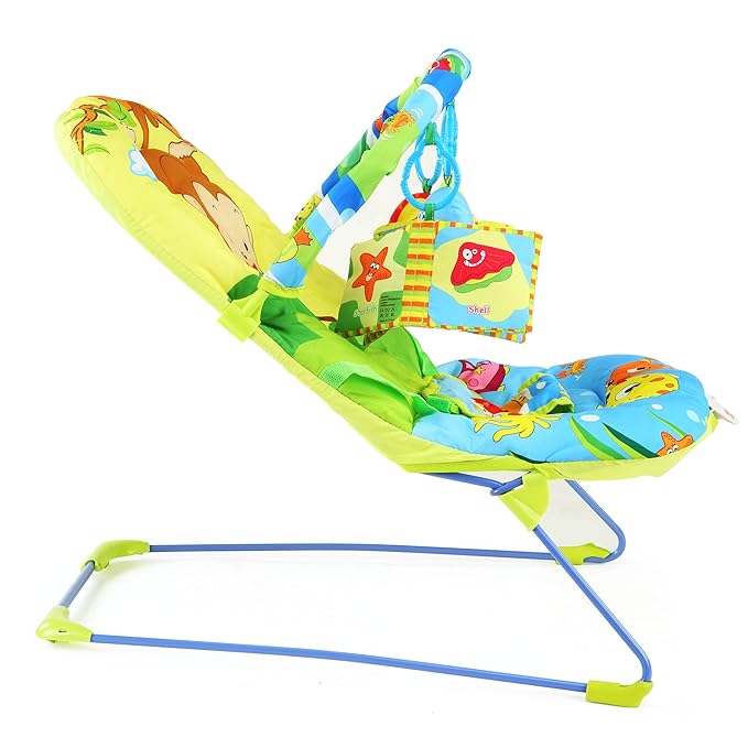 Side view of LuvLap's Go Fishing Baby Bouncer, depicting its sturdy design and engaging toy bar.