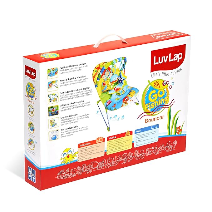 Detailed view of LuvLap Go Fishing Baby Bouncer's packaging with feature highlights and care instructions.