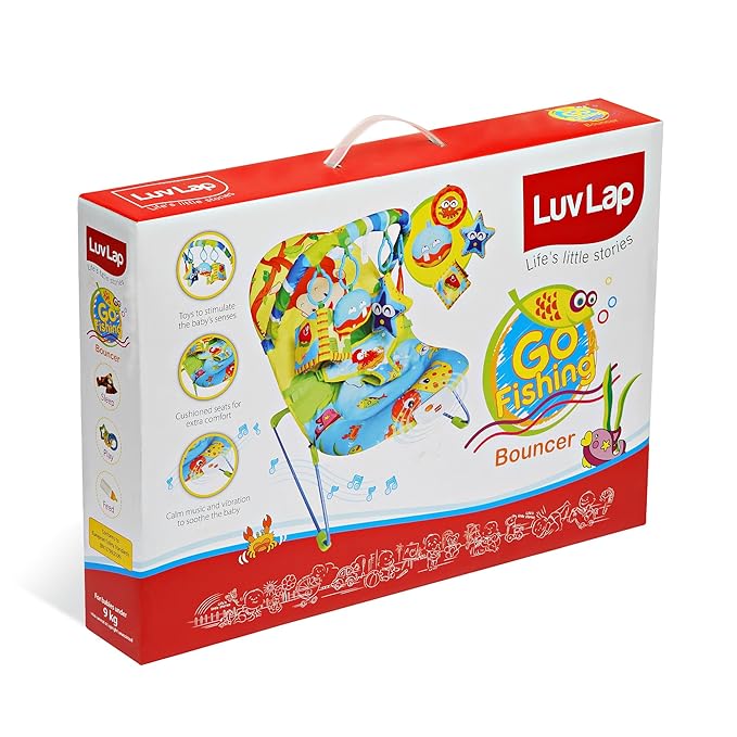 LuvLap Go Fishing Baby Bouncer's vibrant and informative full packaging ready for new parents.