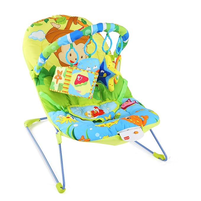 Angled side view of the colorful LuvLap Go Fishing Baby Bouncer, a playful and secure baby seat.