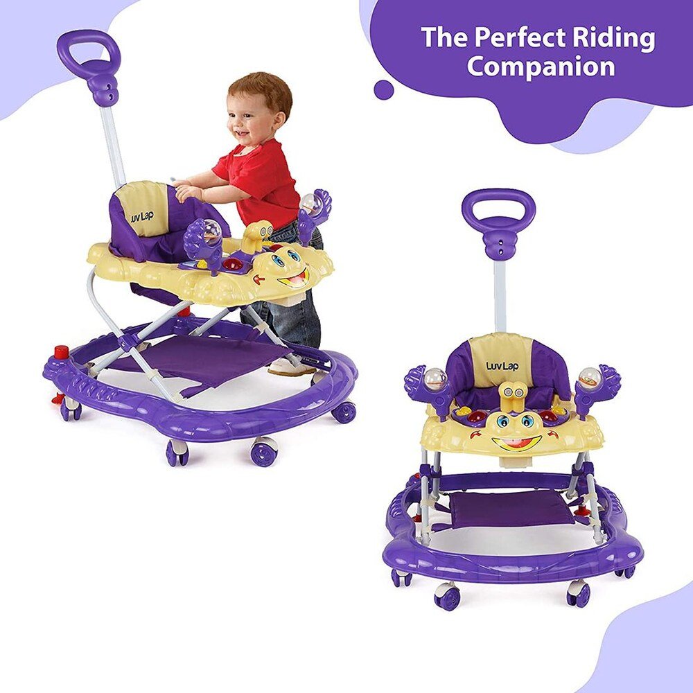 Close-up of LuvLap Baby Walker's interactive toy tray with light and music in Royal Purple.