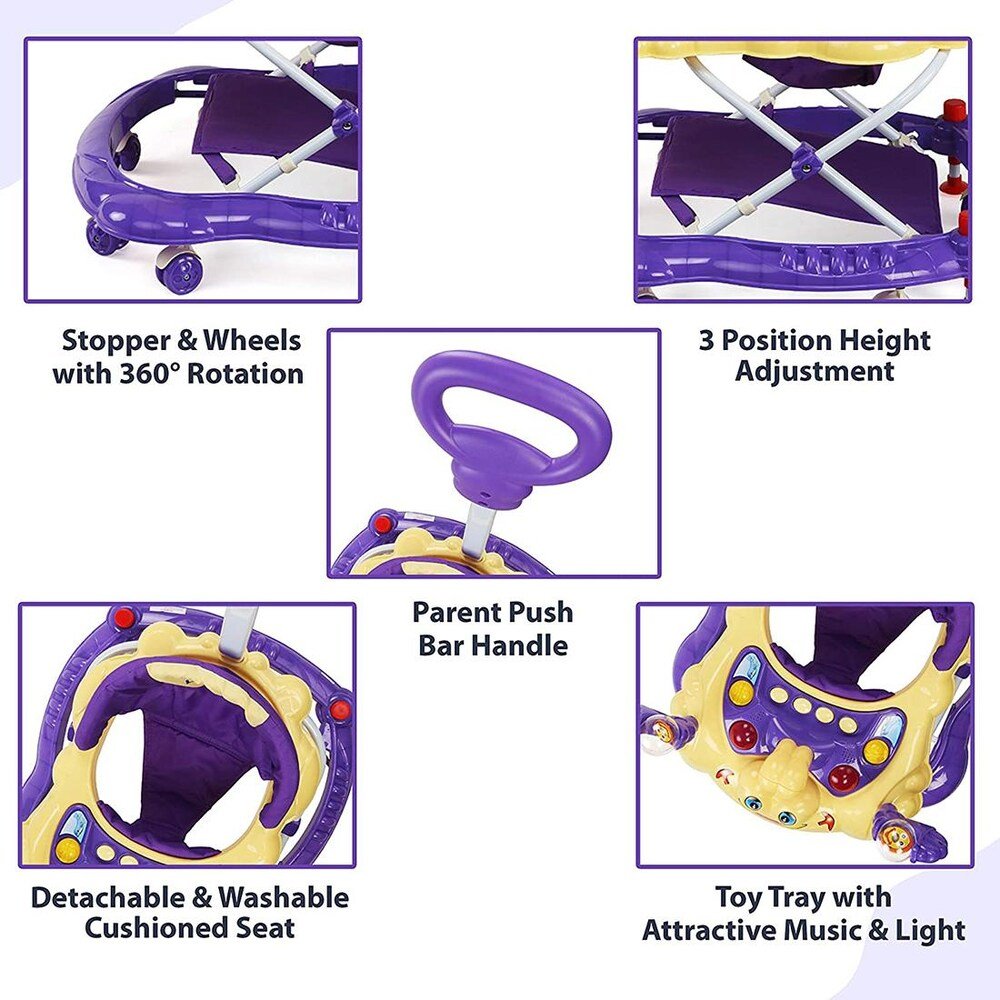 LuvLap Baby Walker in Purple showcasing its 3-level height adjustment feature.