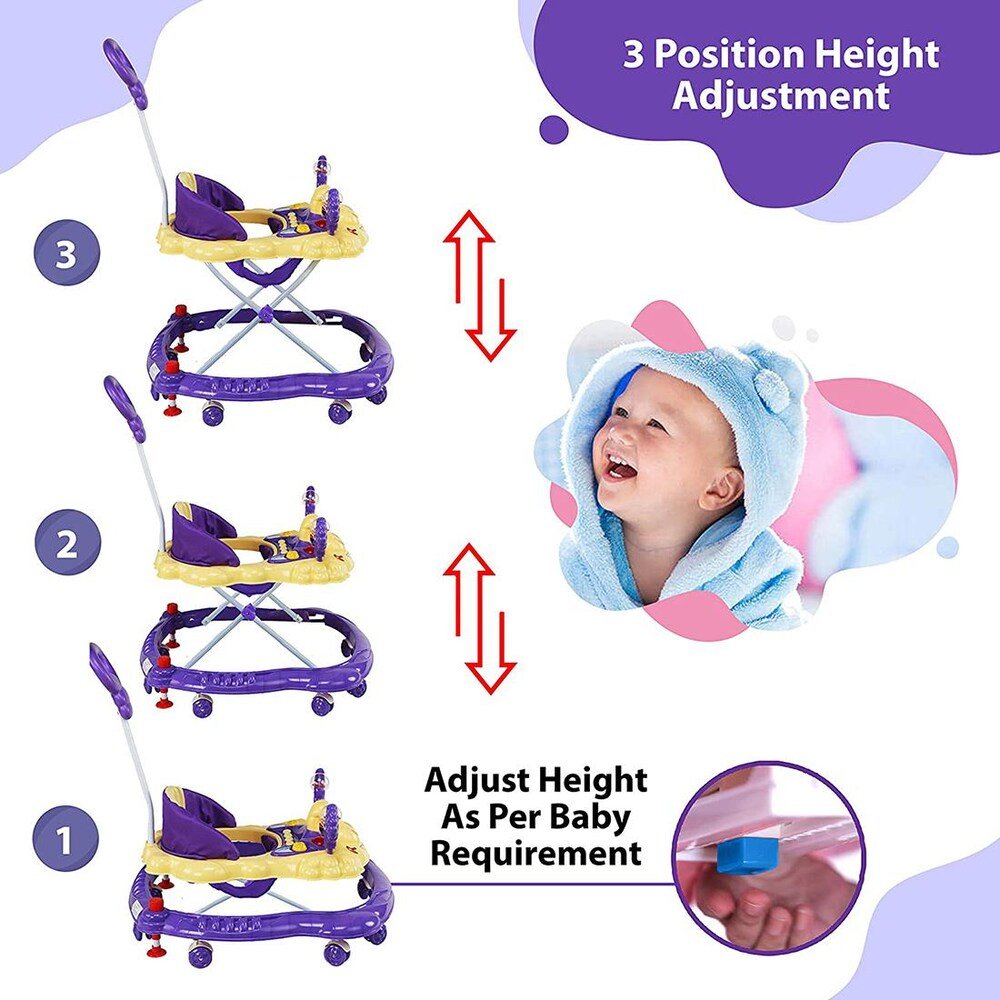 Overview of LuvLap Adjustable Baby Walker in Royal Purple with playful toys.