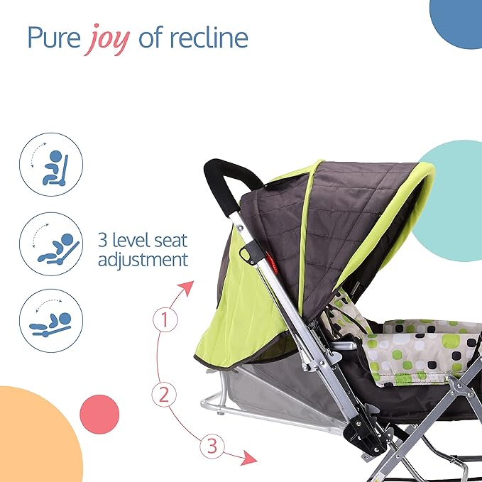 Zoomed view of LuvLap Sunshine Baby Stroller showing the comfortable recline and secure harness.