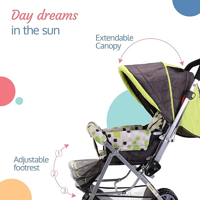 The LuvLap Sunshine Baby Stroller's canopy unfurled to shelter your little dreamer from the sun.