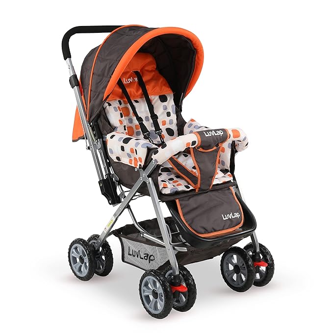 Front View of LuvLap Sunshine Stroller in Orange, Highlighting Its Secure and Robust Design.