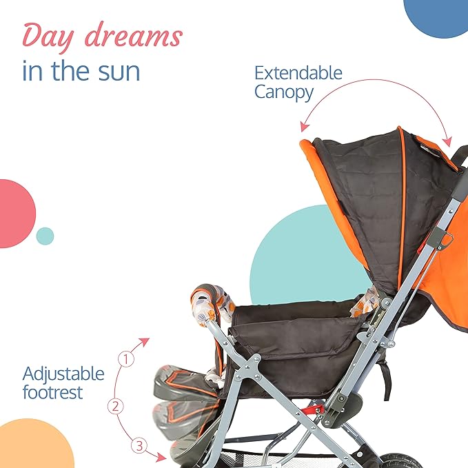 LuvLap Sunshine Stroller in Orange with Adjustable Backrest and Canopy for Comfortable Rides.
