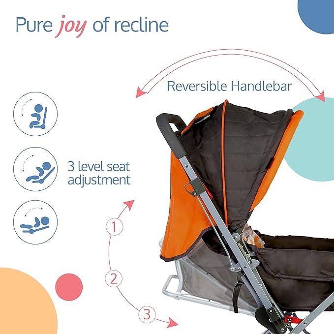 Close-up of LuvLap Sunshine Baby Stroller's Safety Harness and Seat Adjustment in Orange.