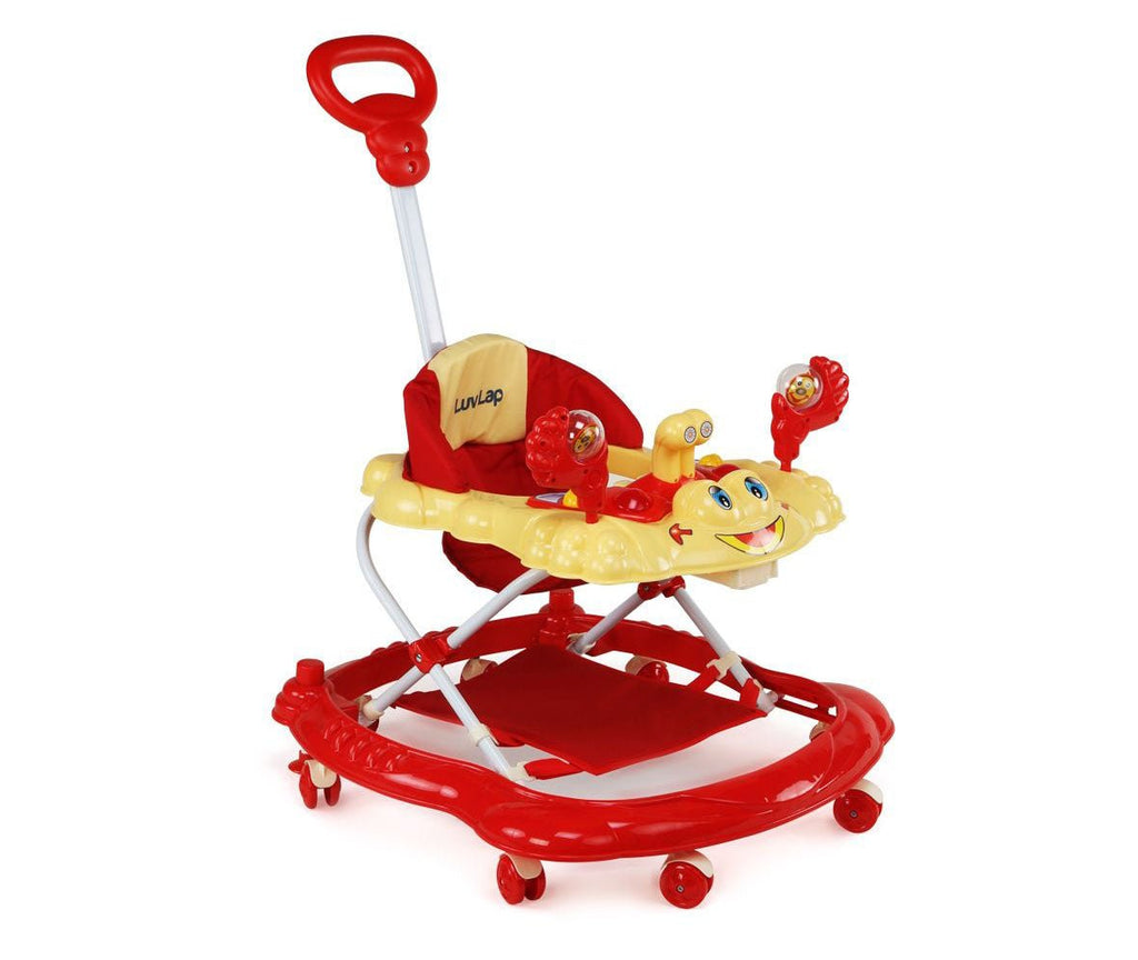 Close-up view of LuvLap Sunshine Musical Baby Walker in Red with electronic play tray and safety features