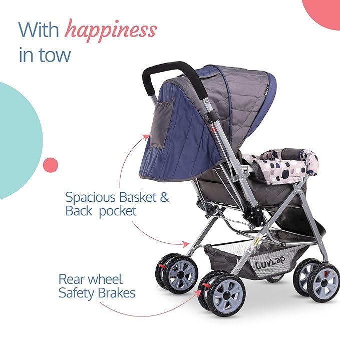 Stroll with everything you need in the LuvLap Sunshine Stroller's spacious basket and back pocket.