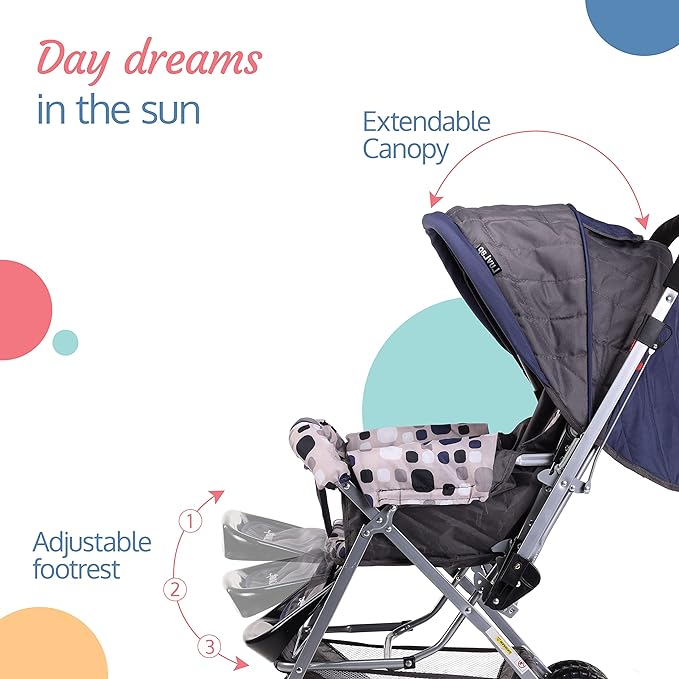 Extend the LuvLap Sunshine Stroller’s navy blue canopy for peaceful daydreams in the sun.