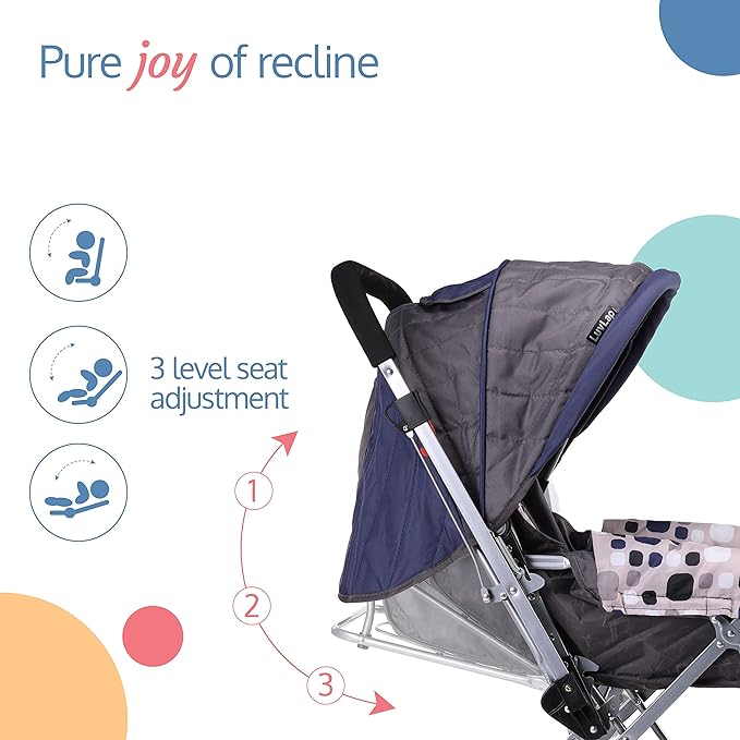 Experience the pure joy of recline with the three-level seat adjustment in the LuvLap Navy Stroller.