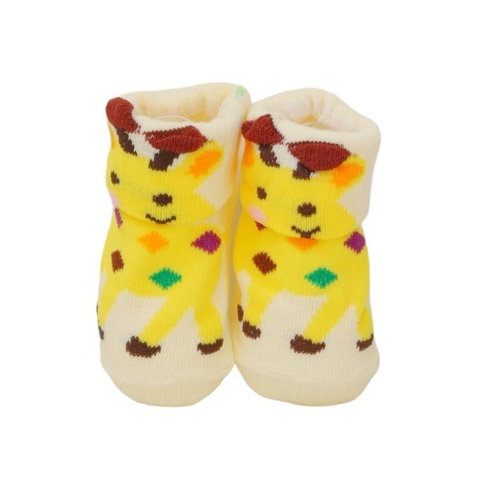 Close-Up of Yellow Baby Boy Socks with Puppy Design.