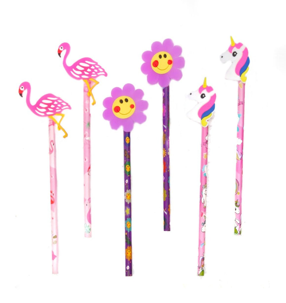 Yellow Bee's cheerful pencil set with unicorn, flower, and flamingo motifs displayed on a white background.