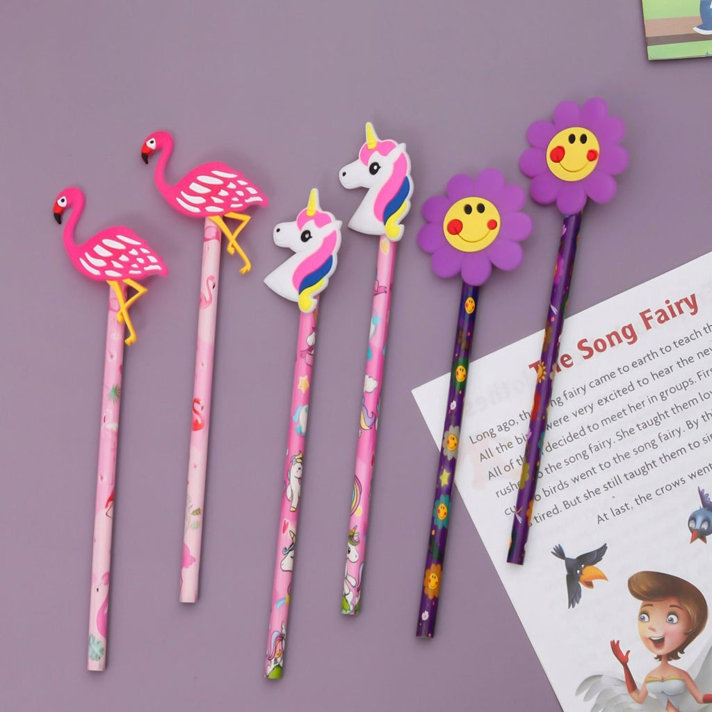 Top view of Yellow Bee's colorful pencil set with unicorn, flower, and flamingo motifs, ideal for girls.