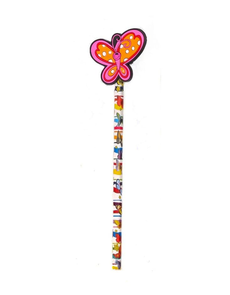 A single Yellow Bee charcoal pencil with a vibrant butterfly motif, part of the "Enchanted Scribbles" collection.