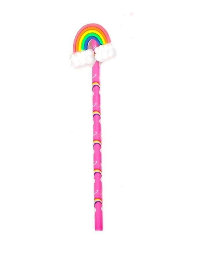 Pink Yellow Bee "Enchanted Scribbles" pencil with a cheerful rainbow topper, perfect for imaginative drawing.