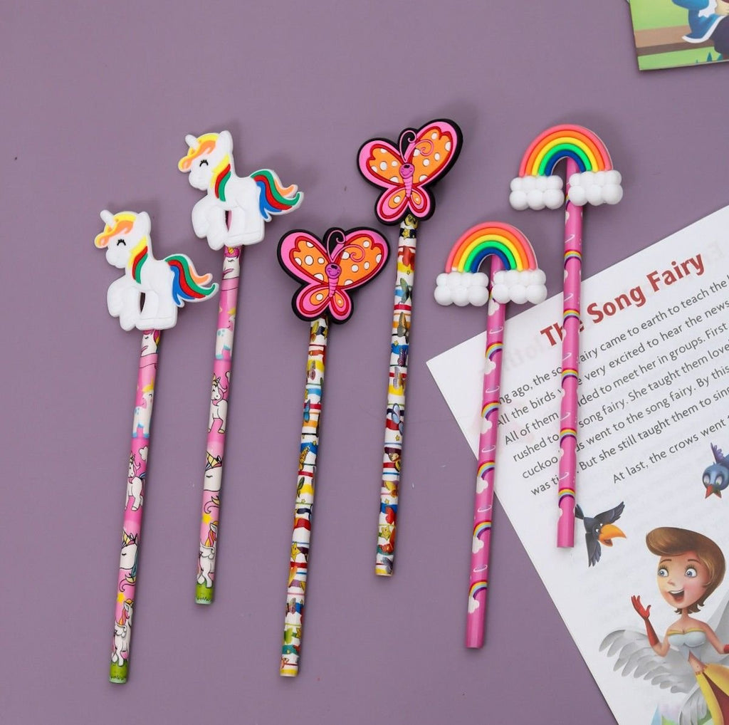 Pack of 6 Yellow Bee "Enchanted Scribbles" pencils with unicorn, rainbow, and butterfly toppers for creative girls.