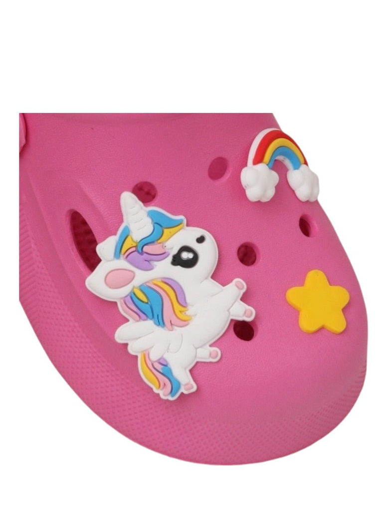 magical-pink-unicorn-and-rainbow-clogs-for-kids- close up view