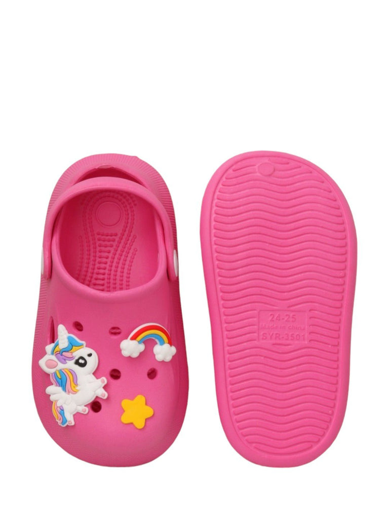 magical-pink-unicorn-and-rainbow-clogs-for-kids- front & back view