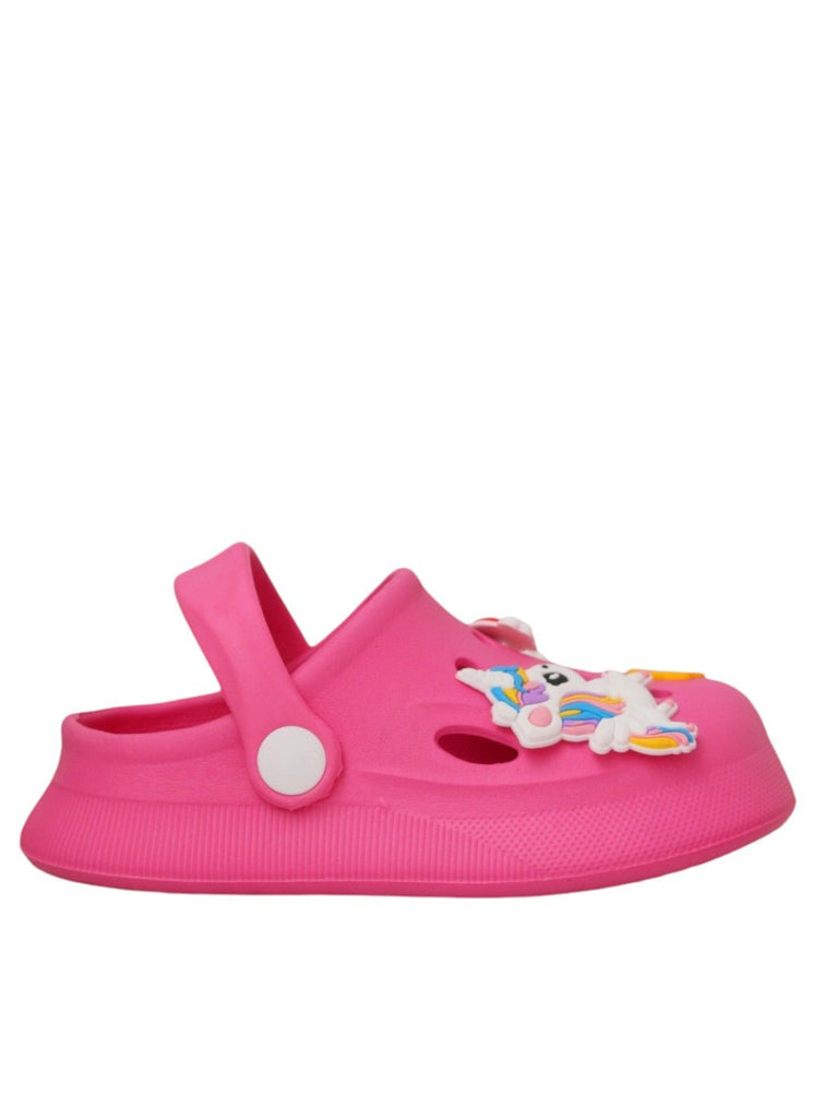 magical-pink-unicorn-and-rainbow-clogs-for-kids- Side view