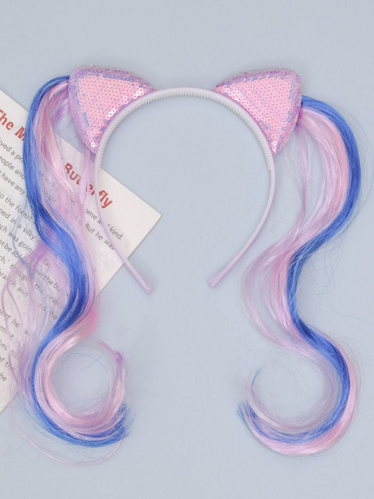 Creative display of Yellow Bee pink cat ears headband with colorful iridescent tails