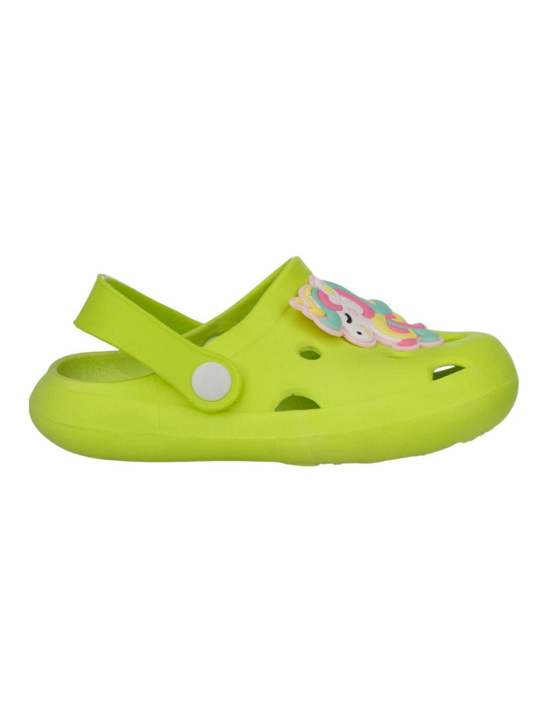 Side profile showing sling back strap and soft EVA footbed of unicorn clogs