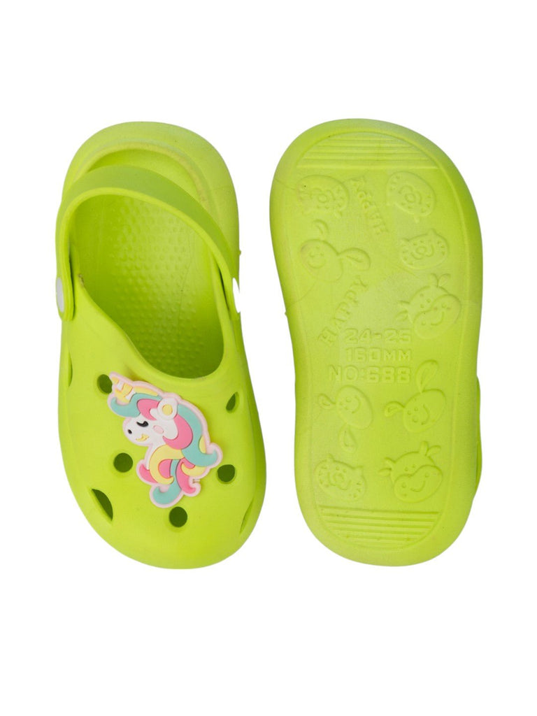 Front and back view of unicorn-themed green EVA clogs with sling back strap