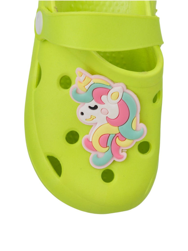 Front-right angled shot showing full unicorn design on clog toe box