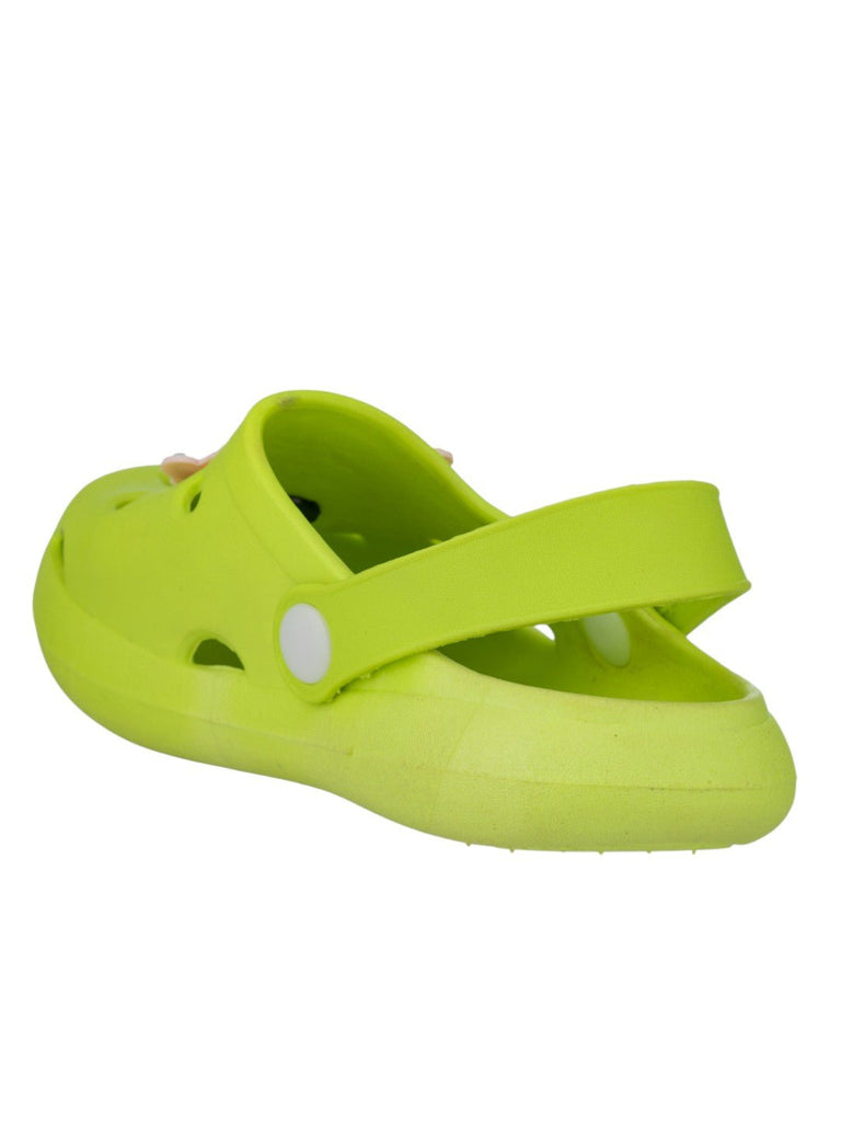 Back profile showing sling back strap and soft EVA footbed of unicorn clogs.