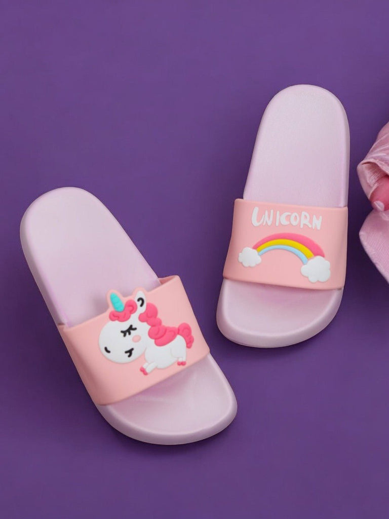 Unicorn Fashion Slides in Purple with Rainbow Design on Soft Pink Strap.