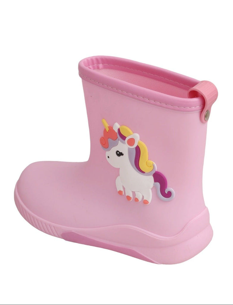 Top view of pink unicorn rain boots for girls