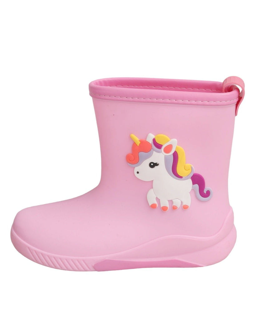 Side view of pink rain boots with magical unicorn design for girls