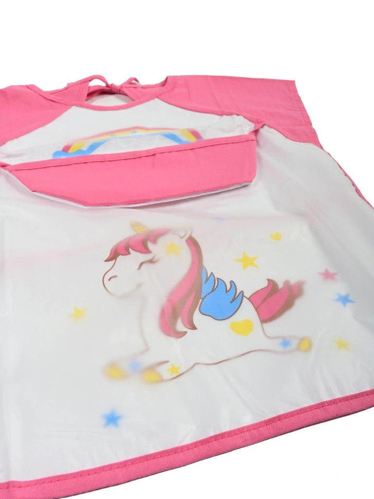 Close-up of Yellow Bee Magical Unicorn Pink Waterproof Long Sleeve Bib detailing