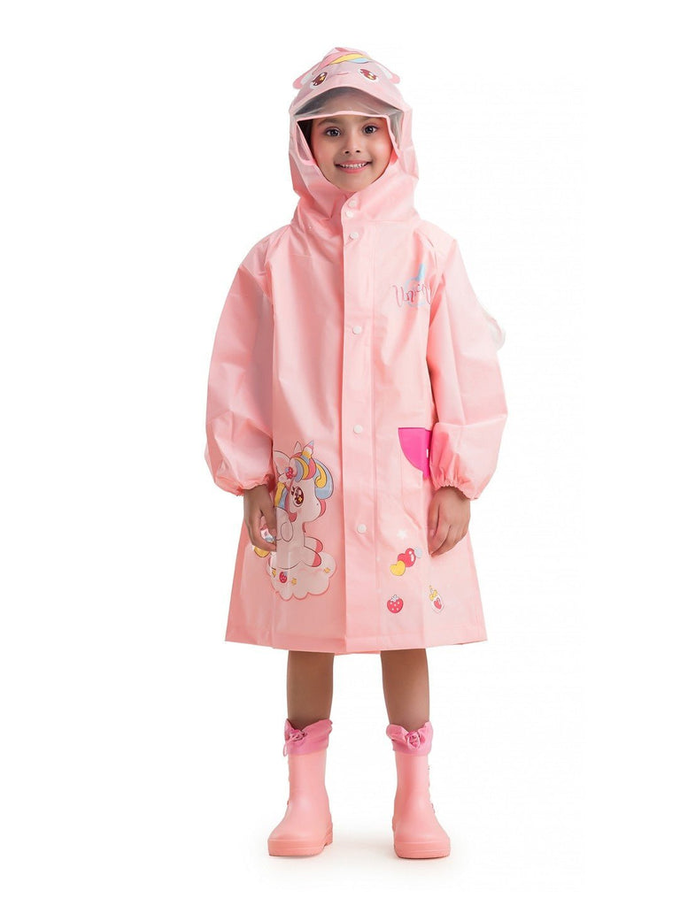 Full front view of the unicorn-themed waterproof raincoat for girls by Yellow Bee, ideal for keeping your child dry and stylish.