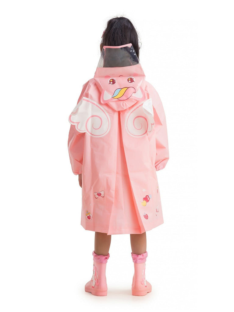 Full back view of the girls' magical unicorn-themed raincoat by Yellow Bee, displaying the playful pink color and detailed print.
