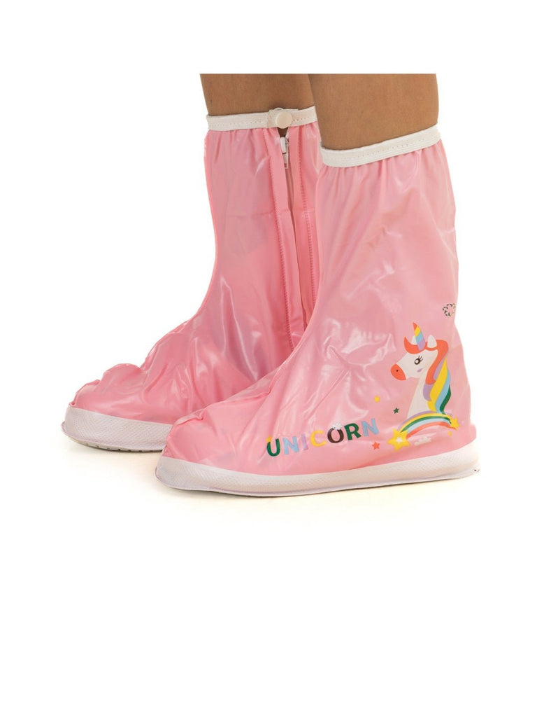 Full side view of Yellow Bee Magical Unicorn Waterproof Rain Shoe Covers for Girls.