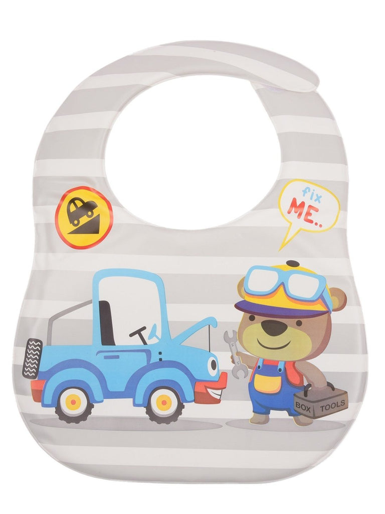 Design view of Yellow Bee Mechanic Bear Gray Striped Waterproof Bib with Crumb Catcher