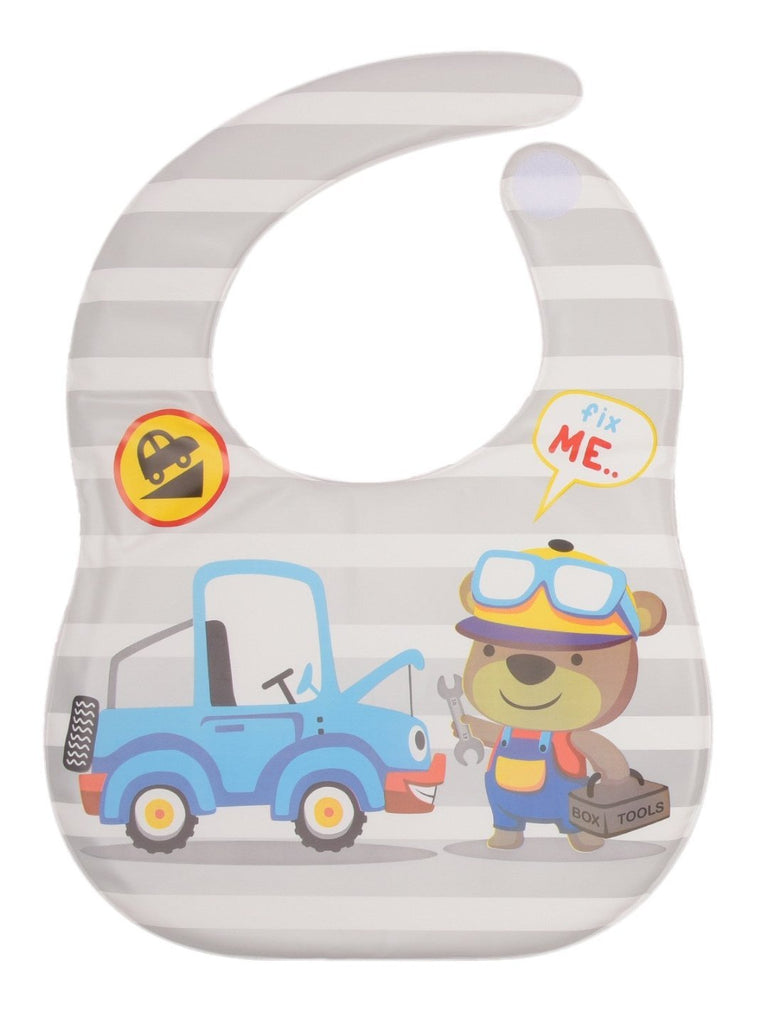 Close up view of Yellow Bee Mechanic Bear Gray Striped Waterproof Bib with Crumb Catcher