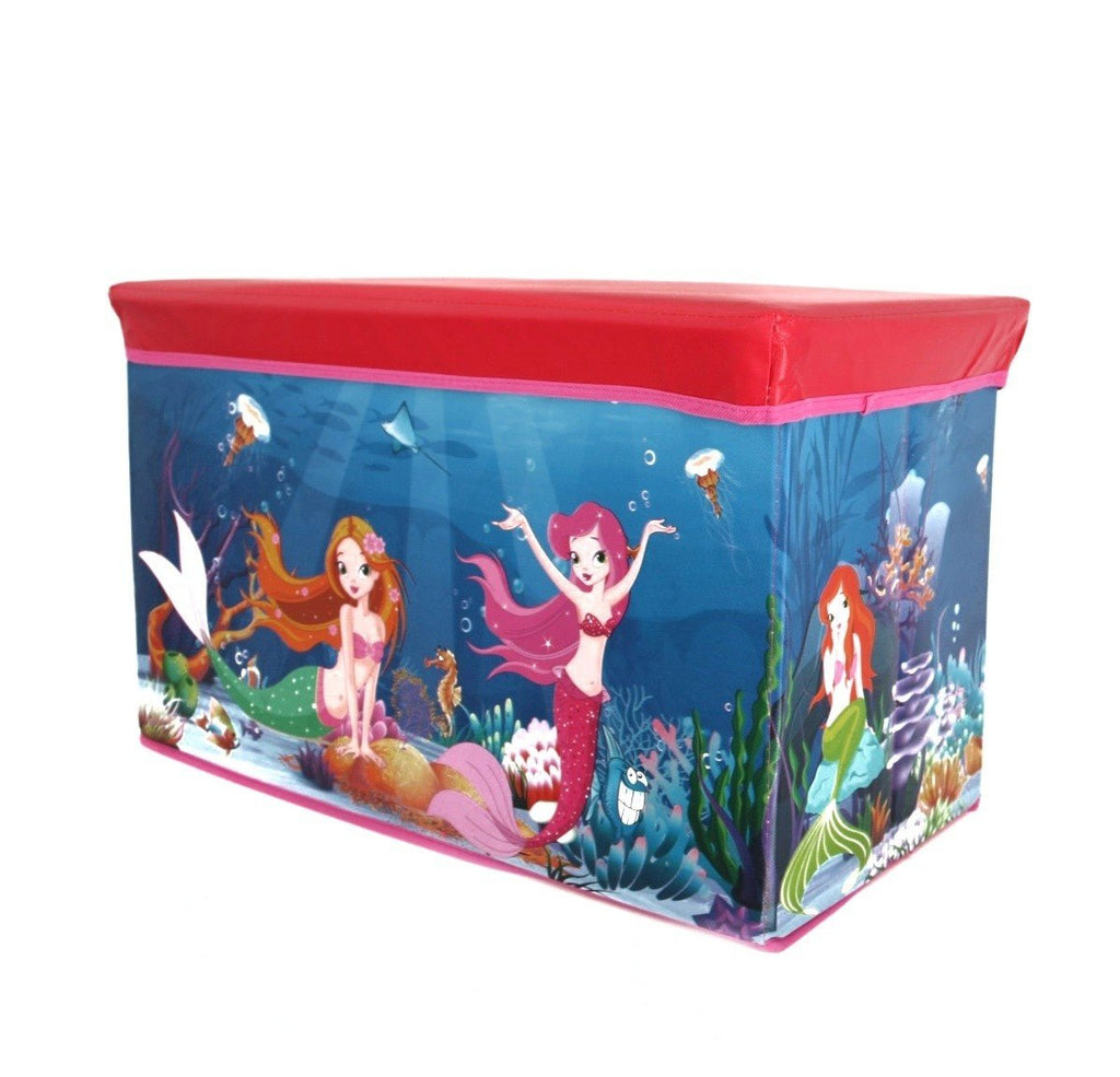 Side view of the Yellow Bee Mermaid Folding Storage Box Organizer with a red cushioned lid.